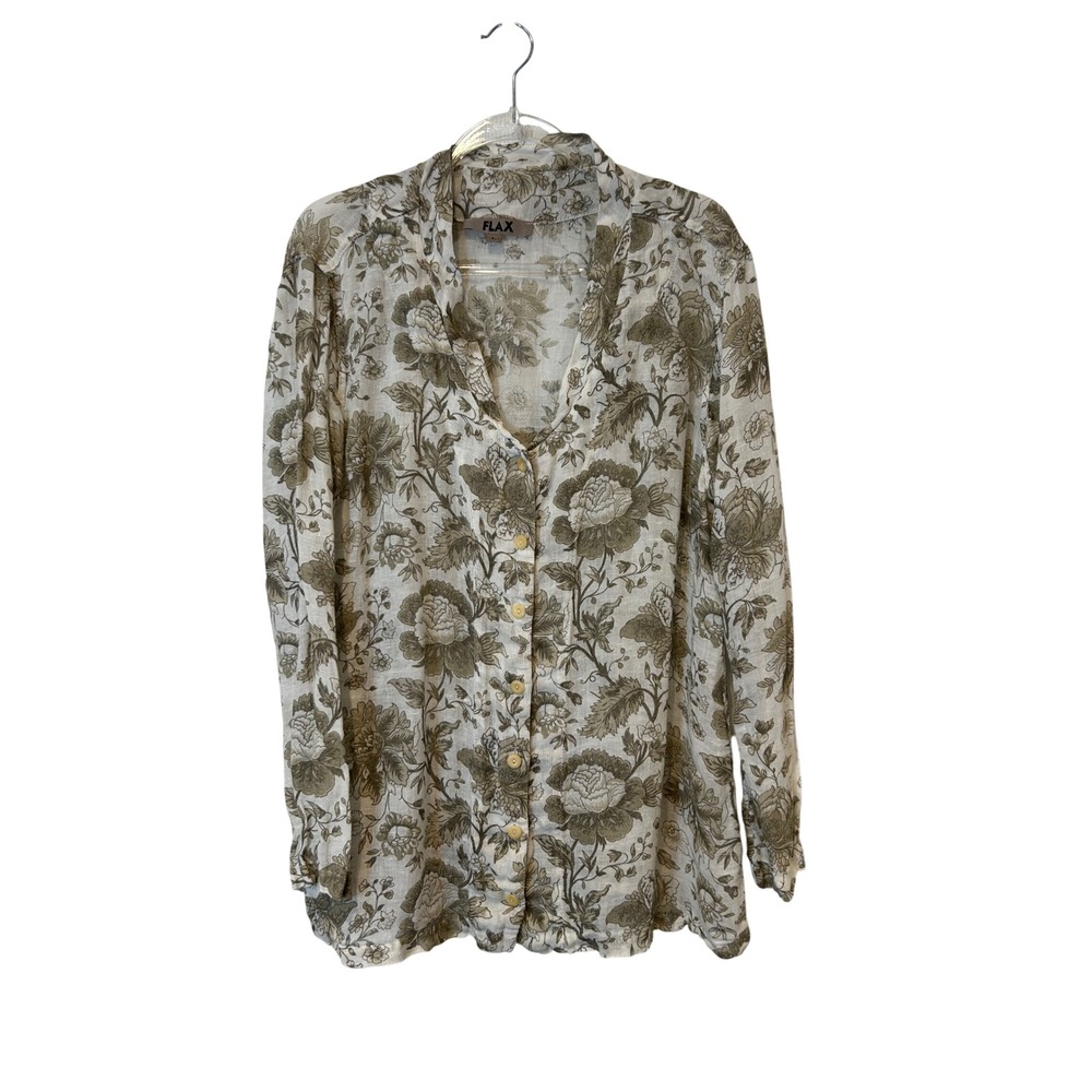 FLAX Button Down Shirt Womens L Tan Floral Linen Long Sleeve Cottagecore Coastal